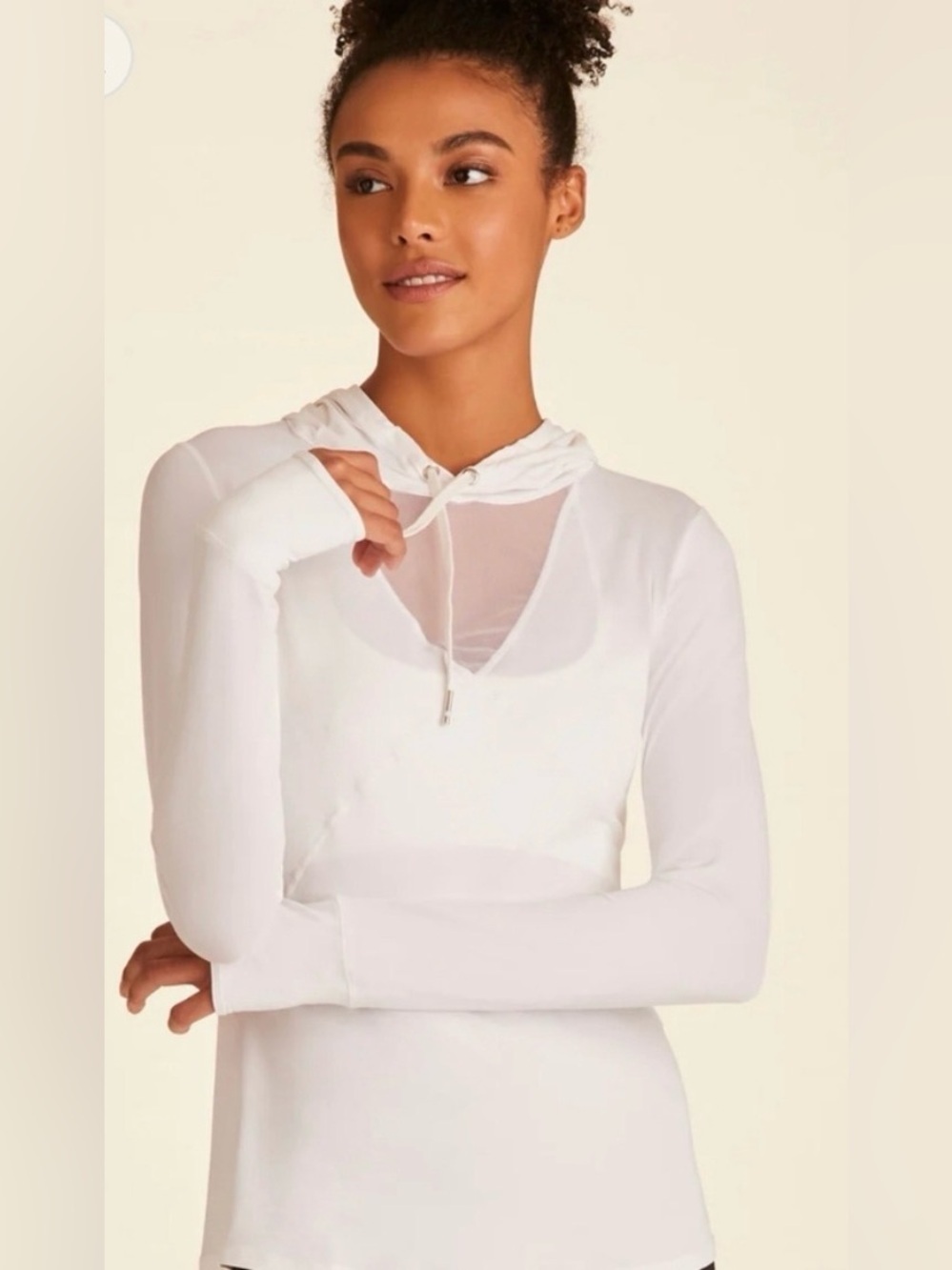 Alala white hooded long sleeve athletic shirt, mesh vneck, women’s size medium.